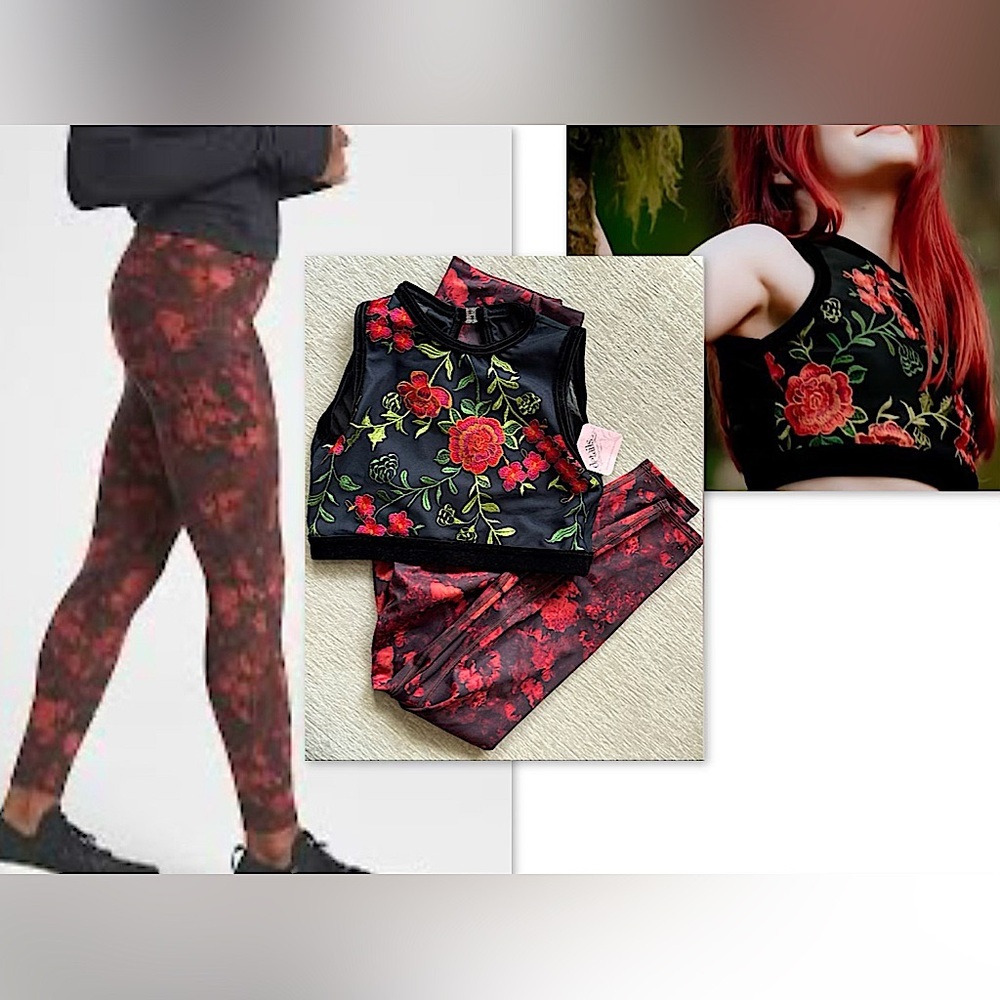 🌹Athleta Rose Leggings & Details Dance Wear embroidered Rose Crop Top